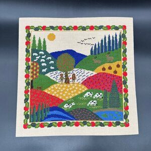 Vintage Embroidery Garden Of Eden Needlepoint Tapestry Adam Eve Fiber Art Kitsch
